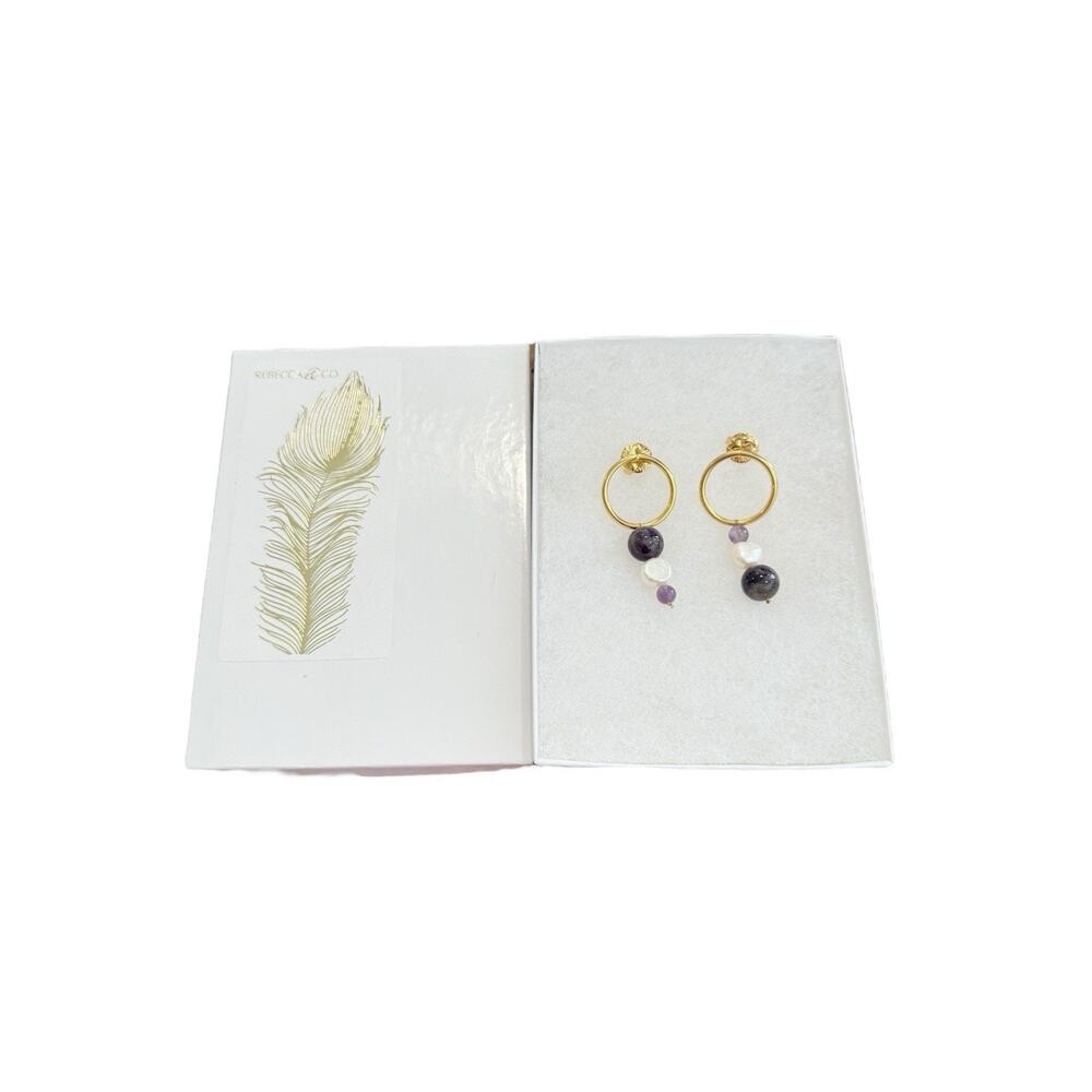 Faux Pearl Beaded Dangle Purple Stone White Pierced Earrings Gold Tone 2” Drop